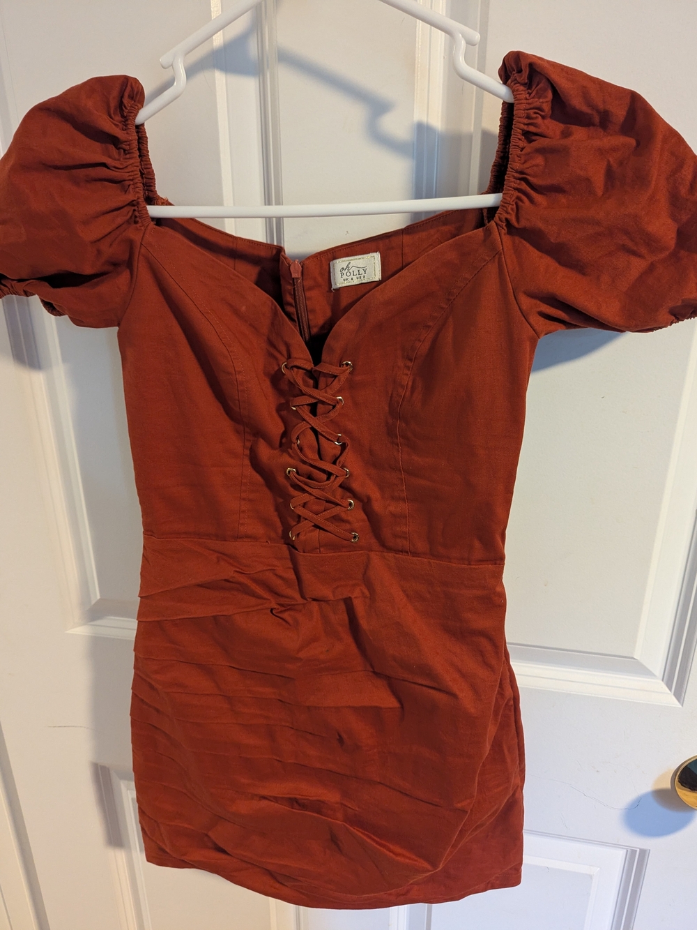 Oh Polly Rust Lace-Up Puff Sleeve Mini Dress Size 6 Cosplay Dr2